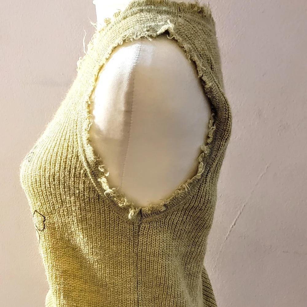 Distressed, Frayed Edge Puppy Sigh Greenish- Yellow Tank Top - Picture 5 of 9